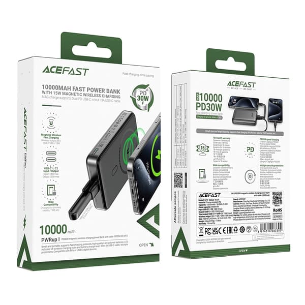 Acefast Powerbank 10000mAh M10 Magnetisk 2x USB-C PD 30W - Sort Black
