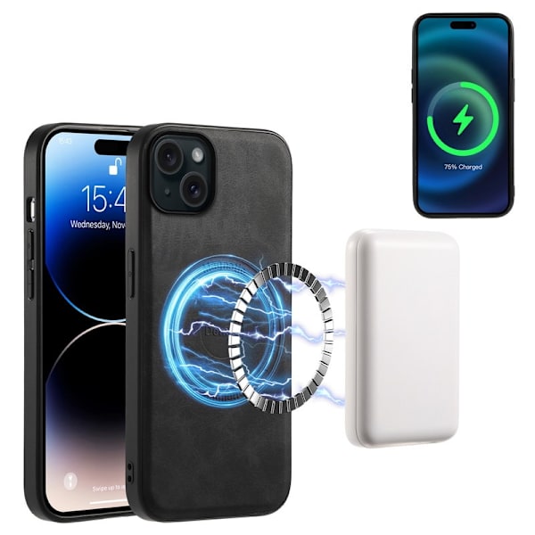 DENIOR D14 Mobilskal till iPhone 15 Plus Äkta Läder Retro Svart