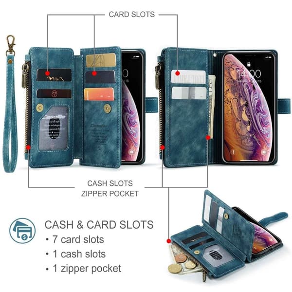CASEME Konstläder Plånboksfodral för iPhone 12/12 Pro med rem - Blå