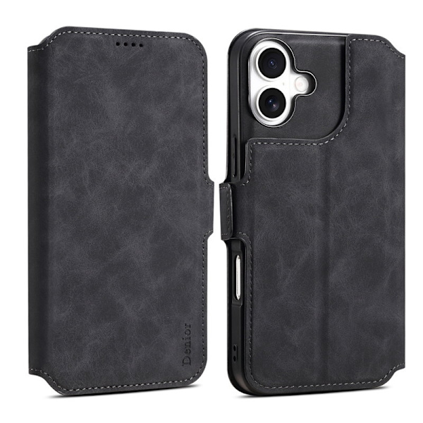 DENIOR B06 iPhone 16 Plus Plånboksfodral Konstläder Avtagbart - Svart