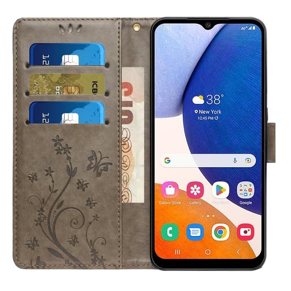 Samsung Galaxy S26 Plus Plånboksfodral Konstläder Fjäril Blomma - Grå