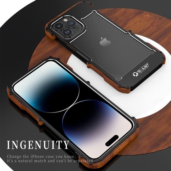R-JUST Mobilskal till iPhone 14 Pro Max i Trä + Aluminiumlegering Svart