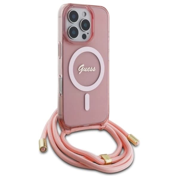 Guess Telefontaske til iPhone 16 Pro MagSafe Crossbody Cord Script - Lyserød Rosa
