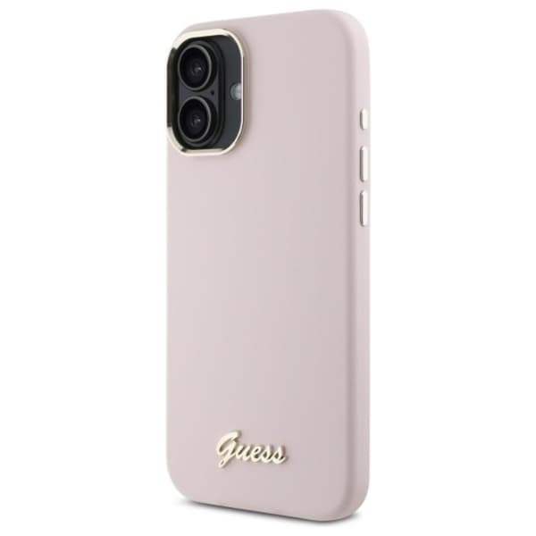 Guess telefontaske til iPhone 16 Silicone Script Metal Logo - Lyserød Rosa