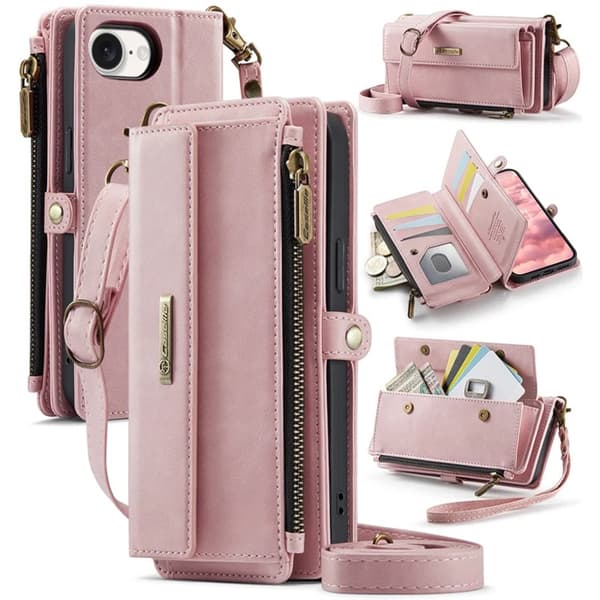 Caseme iPhone 16e Konstläder Plånboksfodral RFID-Skydd Zipper - Rosa Rosa