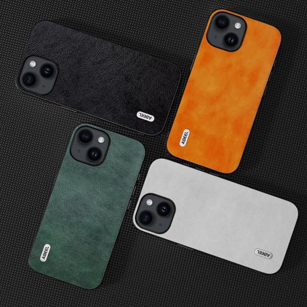 ABEEL Mobilskal till iPhone 15 PU Läder Coated TPU+PC Litchi Orange