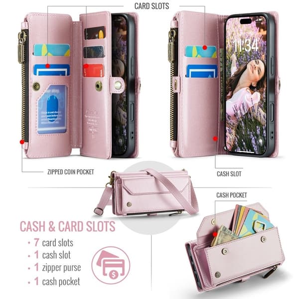 CASEME Plånboksfodral Konstläder för iPhone 17 med dragkedja - Rosa