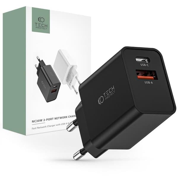 Tech-Protect NC30W 2-Port Netværk Oplader - Sort Svart