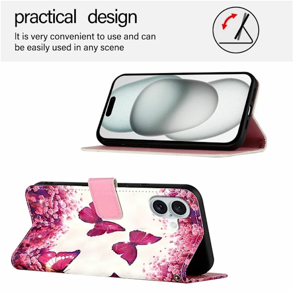 iPhone 16 Plus Plånboksfodral Printing Pattern Med Rem Rosa