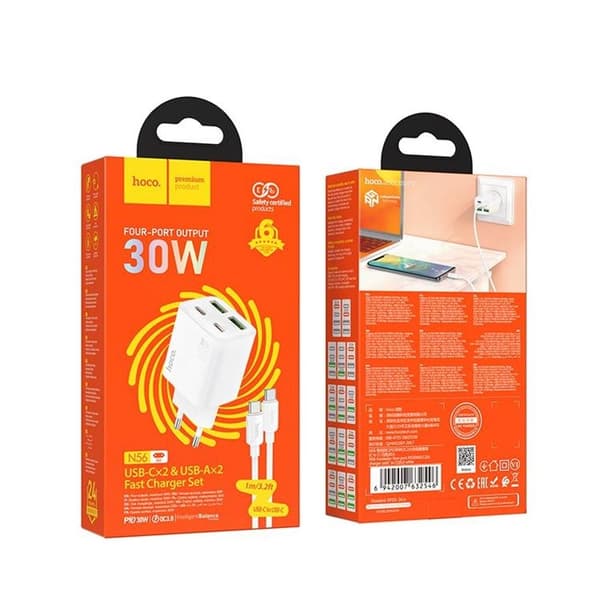 Hoco Hurtigoplader PD 30W 2xUSB-A 2xUSB-C QC3.0 3A med USB-C Kabel N56 - Hvid Vit
