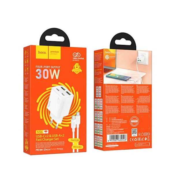 Hoco Snabbladdare PD 30W 2xUSB-A 2xUSB-C QC3.0 3A med USB-C Kabel N56 - Vit Vit