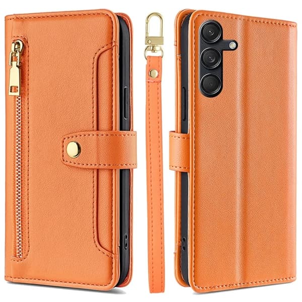 Galaxy M55 5G Konstläder Plånboksfodral med 2 Rem - Orange Orange