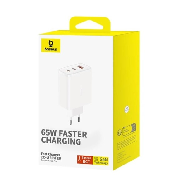 Baseus GaN seinäteulaite 2x USB-C - USB-A 65W Cube Pro - Valkoinen