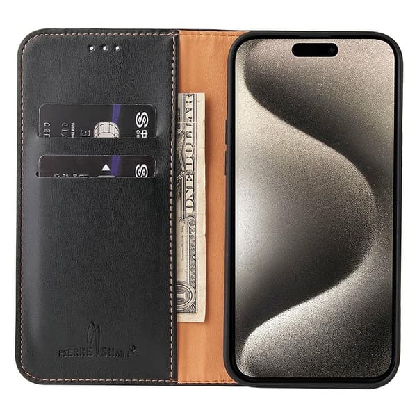 FIERRE SHANN iPhone 15 Pro Plånboksfodral - Magnetisk Konstläder - Svart