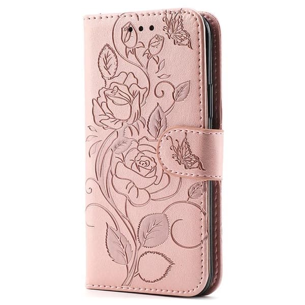 Galaxy S26 Konstläder Plånboksfodral Imprinted Rosa Butterfly Roséguld
