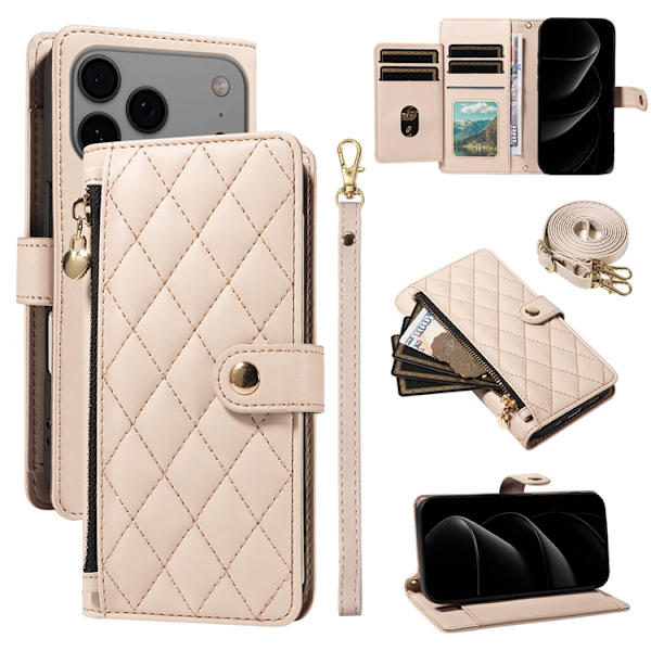iPhone 17 Pro Max Plånboksfodral Rhombus Läder - Beige Beige