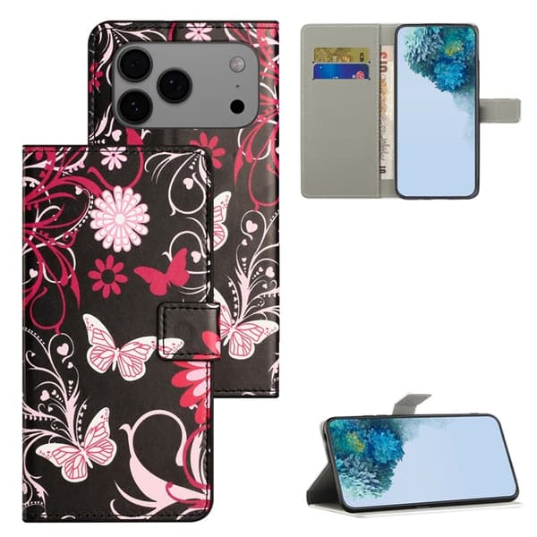 iPhone 17 Pro Max Konstläder Plånboksfodral Pattern Print - Svart Fjäril Svart