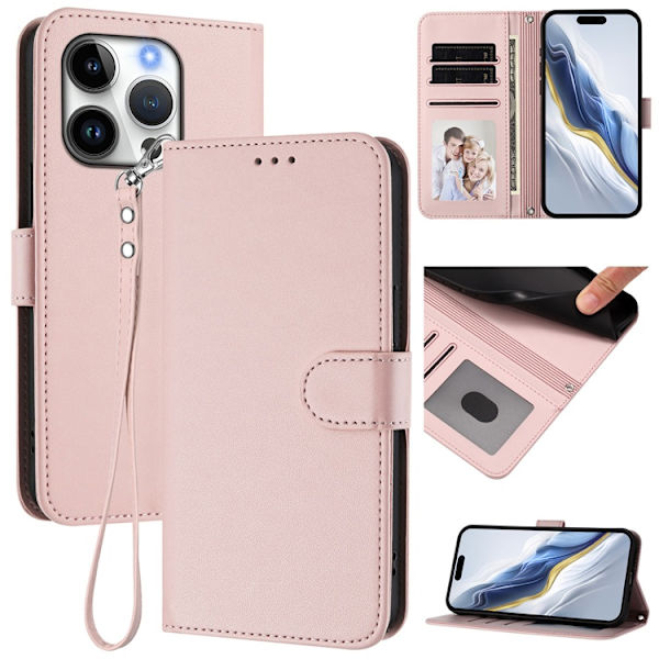iPhone 16 Pro Plånboksfodral Läder med Handledsrem - Rosa Rosa