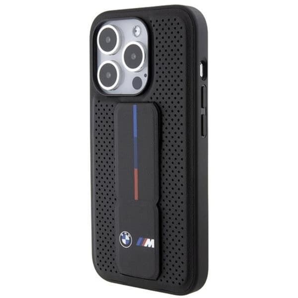BMW telefontaske til iPhone 15 Pro Grip Stand Glat og perforeret Black