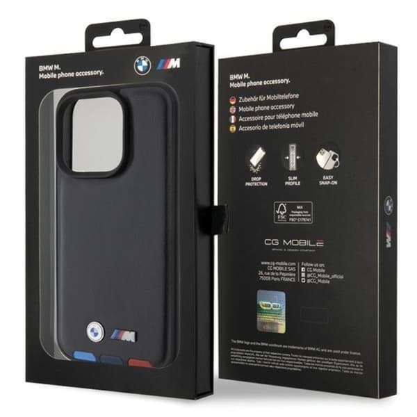 BMW iPhone 15 Pro Mobilskal Läder Stamp Tricolor - Musta Black