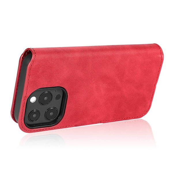 DG.MING iPhone 14 Pro Max Konstläder Plånboksfodral Retro Röd med Ställning