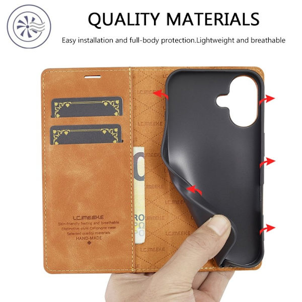 LC.IMEEKE iPhone 16 Plus Plånboksfodral Konstläder- Brun