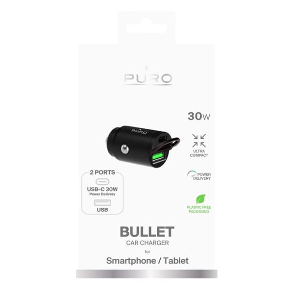 Puro Biloplader USB-C Til USB-A 30W Mini - Sort Black