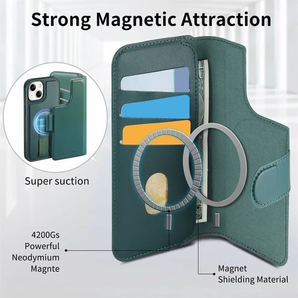 CASENEO iPhone 15 Plånboksfodral Magnetiskt RFID-skydd Konstläder - Grön