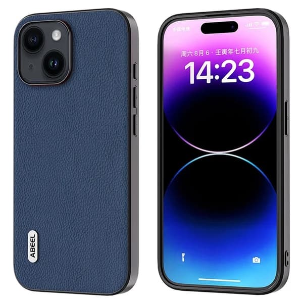 ABEEL Mobilskal till iPhone 15 Plus Äkta Läder Litchi - Blå Blå