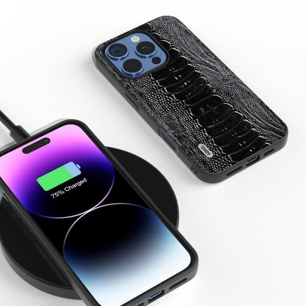 ABEEL Mobilskal till iPhone 16 Pro Krokodiltextur Äkta Läder Svart
