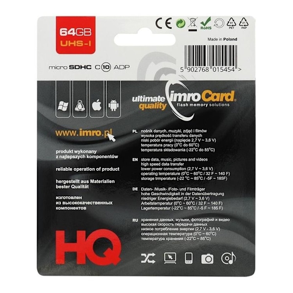 Imro Minneskort MicroSD 64GB Med Adapter Klass 10 UHS