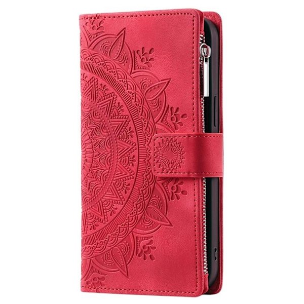iPhone 15 Plus Plånboksfodral Mandala Flower Imprinted - Röd