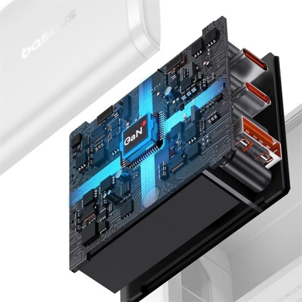 Baseus GaN -seinälaturi 2x USB-C - USB-A 65 W Cube Pro - valkoinen