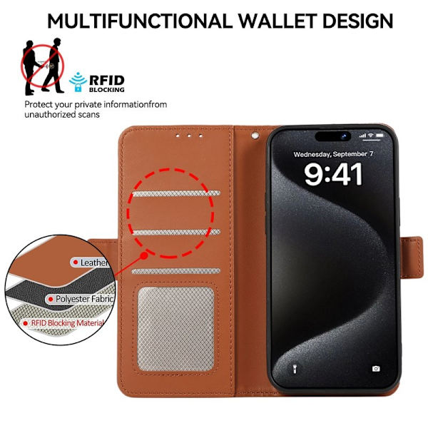 ABEEL iPhone 16 Pro Plånboksfodral Konstläder RFID-Skydd Magnetisk Brun