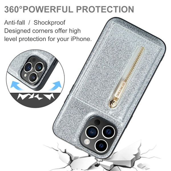 DG.MING M3 Series iPhone 15 Pro Max Konstläder Plånboksfodral Glitter Silver