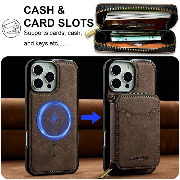 LC.IMEEKE L6 iPhone 16 Pro Max Plånboksfodral Konstläder - Brun