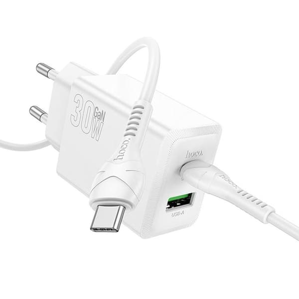Hoco Snabbladdare PD 30W USB-A USB-C QC3.0 AFC 3A med USB-C Kabel N71 - Vit Vit