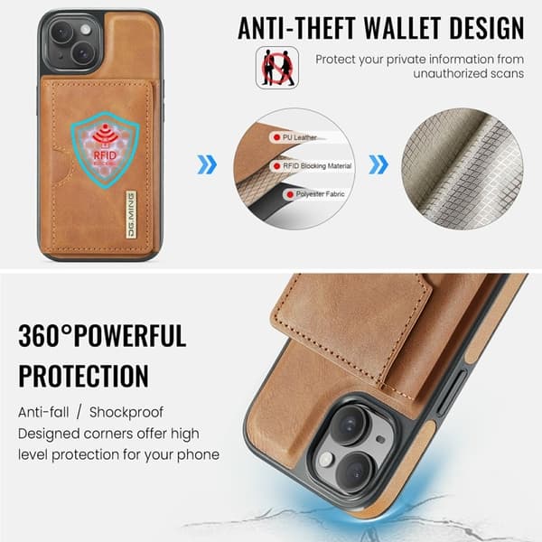 DG.MING M6 Series Mobilskal till iPhone 15 Plus Magnetiskt Plånboksfodral Brun