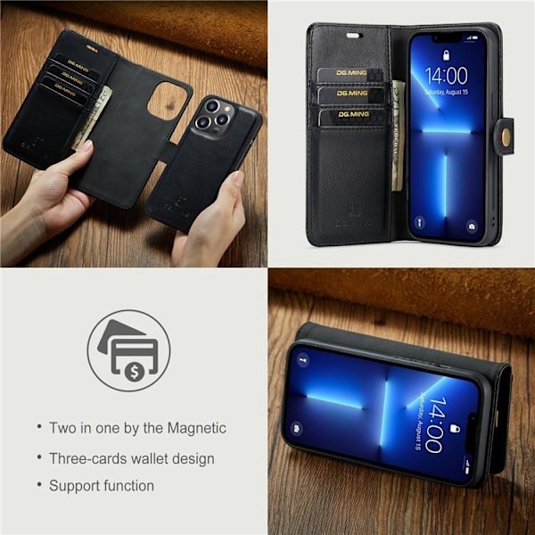DG.MING iPhone 15 Pro Max Plånboksfodral Äkta Läder 2in1 - Svart Svart
