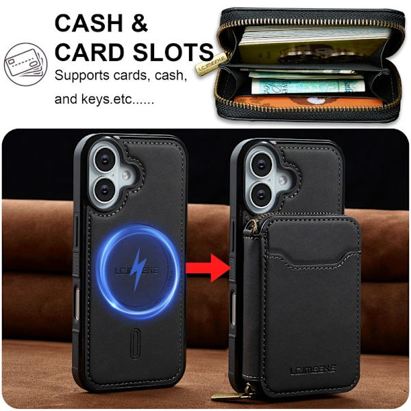 LC.IMEEKE L6 iPhone 16 Plus Plånboksfodral Konstläder - Svart