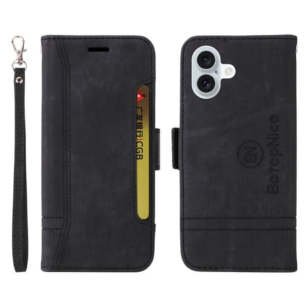 BETOPNICE 001 iPhone 16 Plus Plånboksfodral Ställ Card Slots Konstläder - Svart