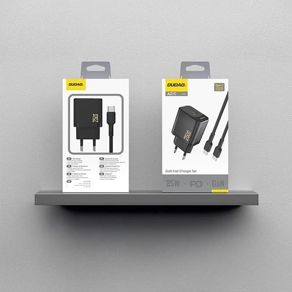 Dudao hurtigoplader USB-C PD 25W GaN med USB-C kabel A27CEU - sort Svart