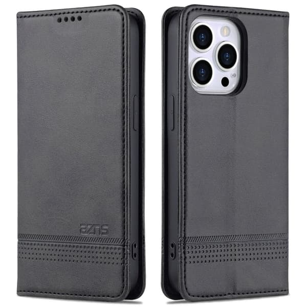 AZNS iPhone 15 Plånboksfodral i Konstläder + TPU - Ställfunktion - Svart