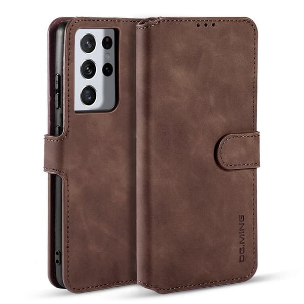 DG.MING Retro Konstläderplånboksfodral för Samsung Galaxy S21 Ultra - Brun