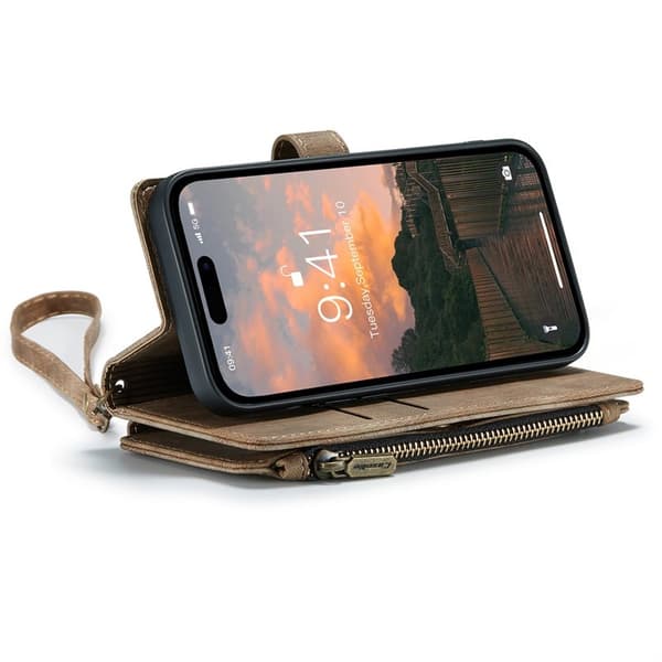 CASEME Konstläder Plånboksfodral för iPhone 15 Pro med Rem - Brun
