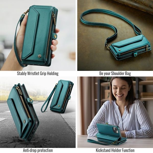 CASEME Plånboksfodral Konstläder för iPhone 15 med kortfack - Grön