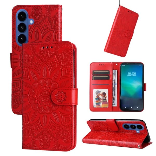 Samsung Galaxy S26+ Plånboksfodral Konstläder Blommönster - Röd