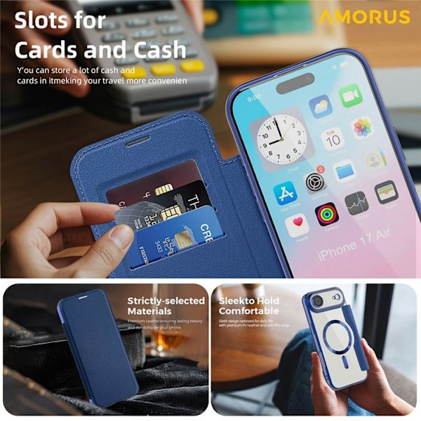 AMORUS iPhone Air Plånboksfodral MagSafe RFID-Skydd - Blå Blå