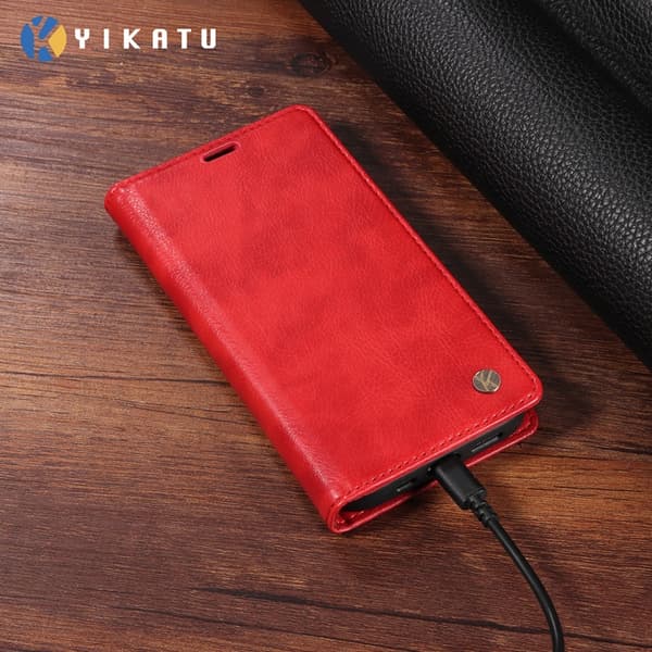 YIKATU OnePlus 15 Plånboksfodral Litchi Closure Konstläder Röd