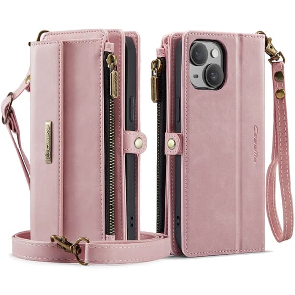 Caseme iPhone 15 Konstläder Plånboksfodral RFID-Skydd Zipper - Rosa Rosa